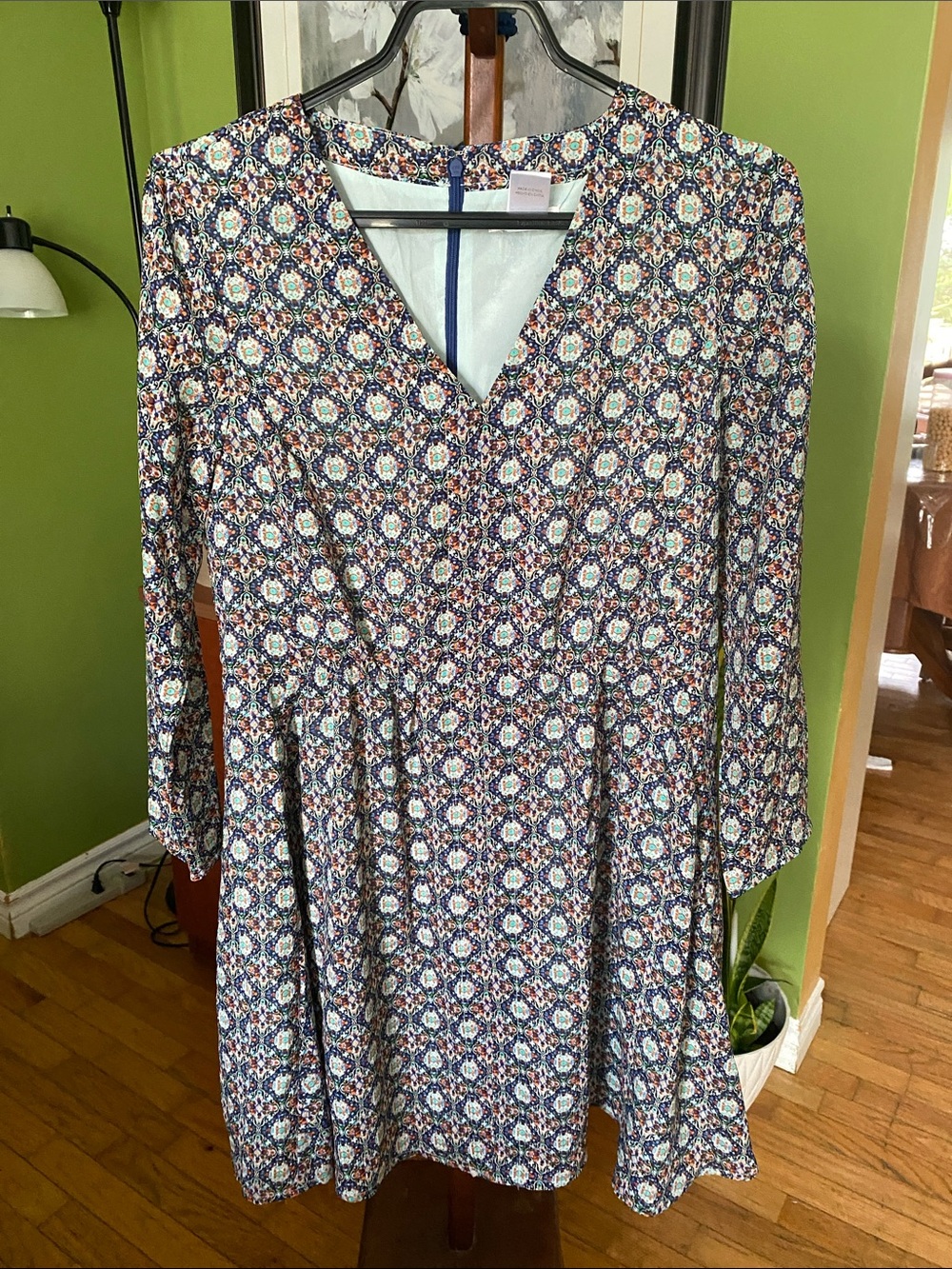 Esley Blue Multi-Print V-Neck Long Sleeve Dress
